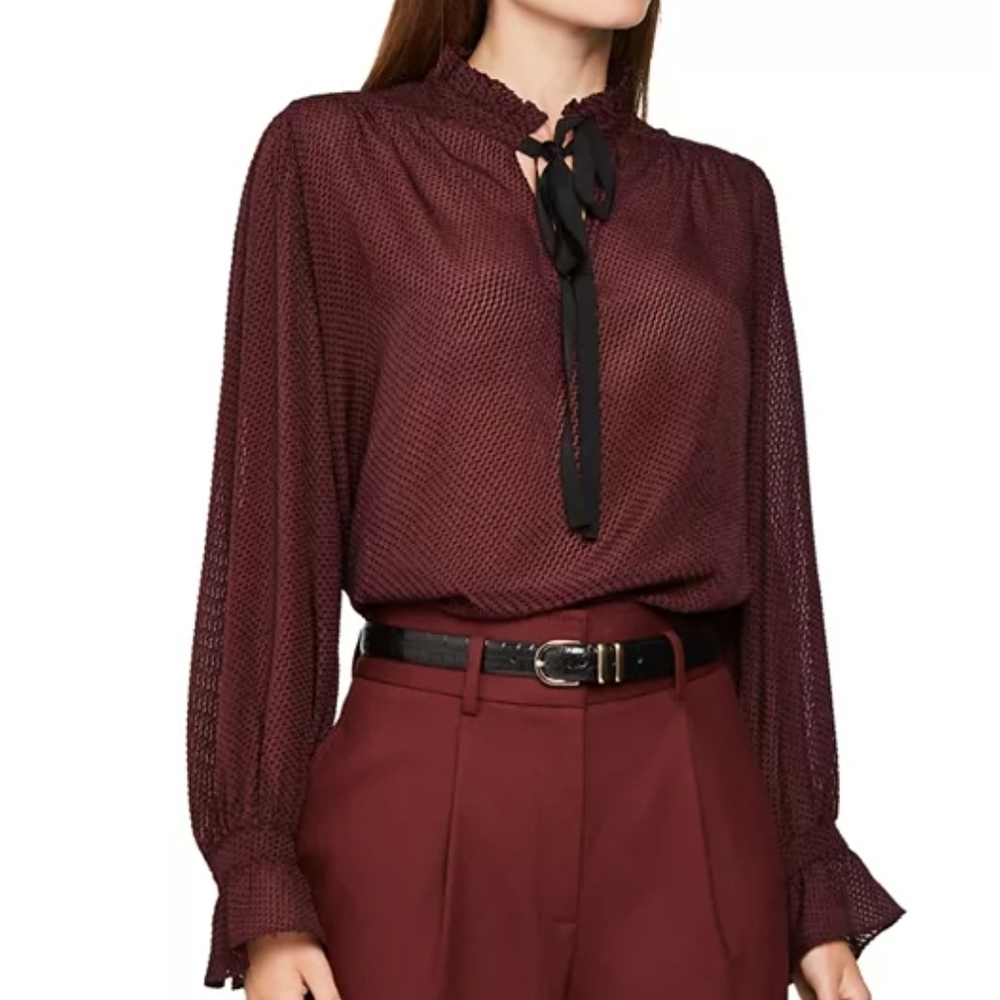 REISS Maevie Silk-Blend Tie-Neck Dot Blouse - Size 8